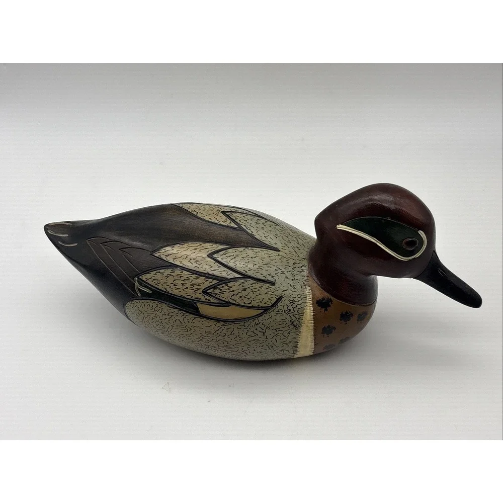 VTG Hand Painted Wooden Duck Decoy Green Wing 1984 Signed